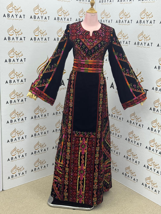 Palestinian Embroidered Thobe – Black Velvet with Multicolor Tatreez Detailing” A09012025