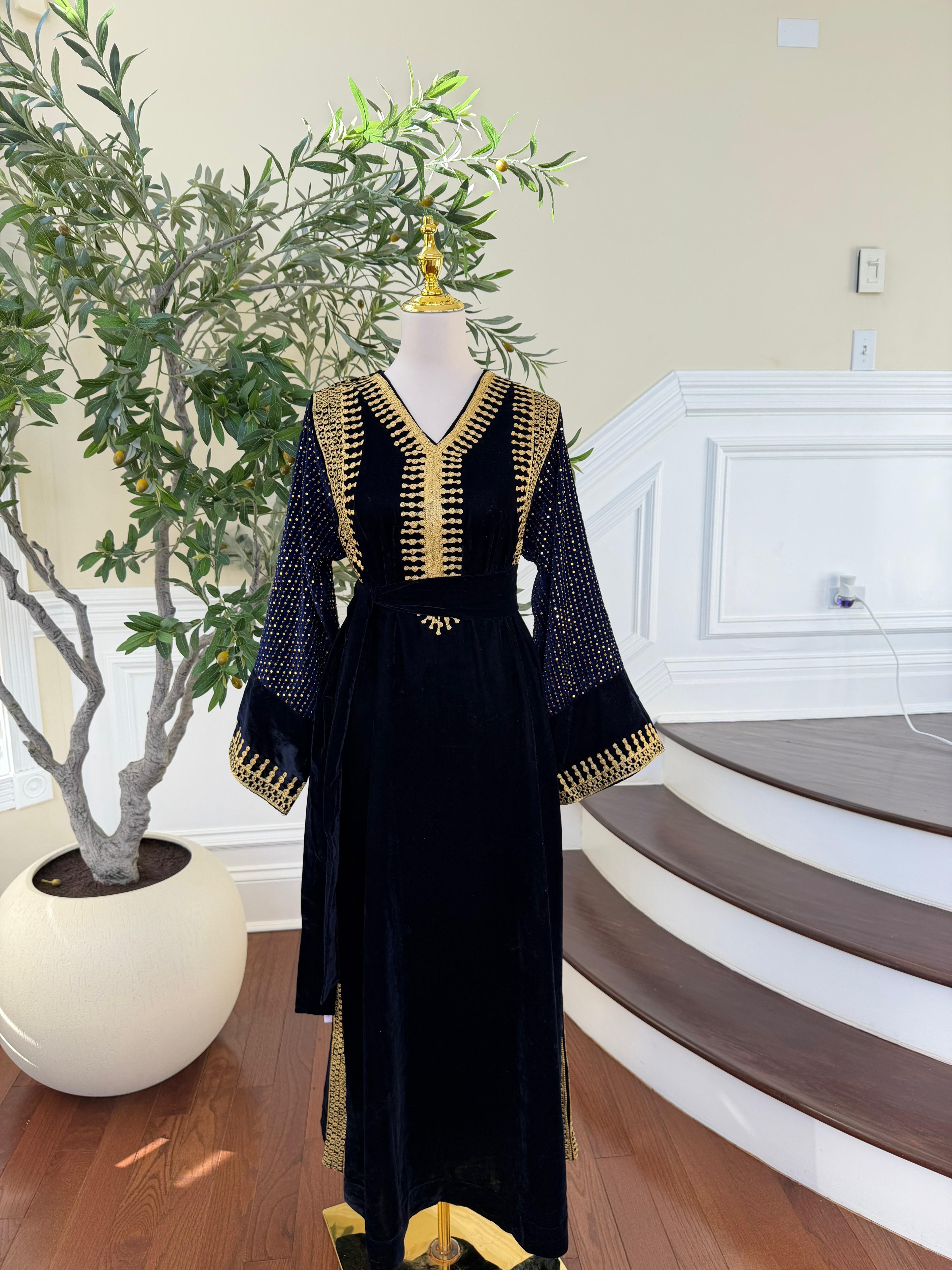 Navy Blue Velvet Celestial Gold Dress