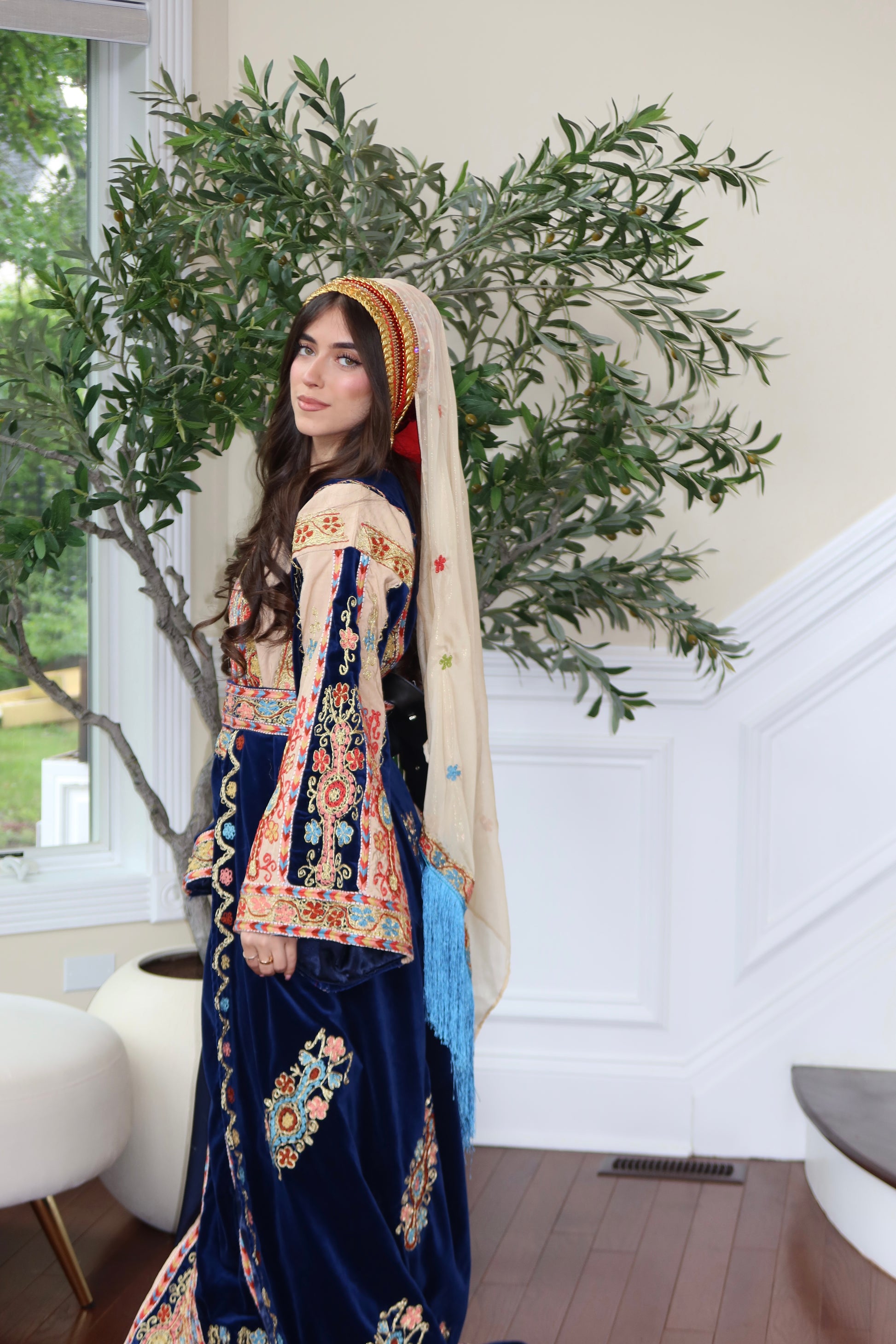 Royal Blue Malaka Handmade Thobe – Luxe Velvet & Intricate Tatreez Skirt and Khirka Shal included