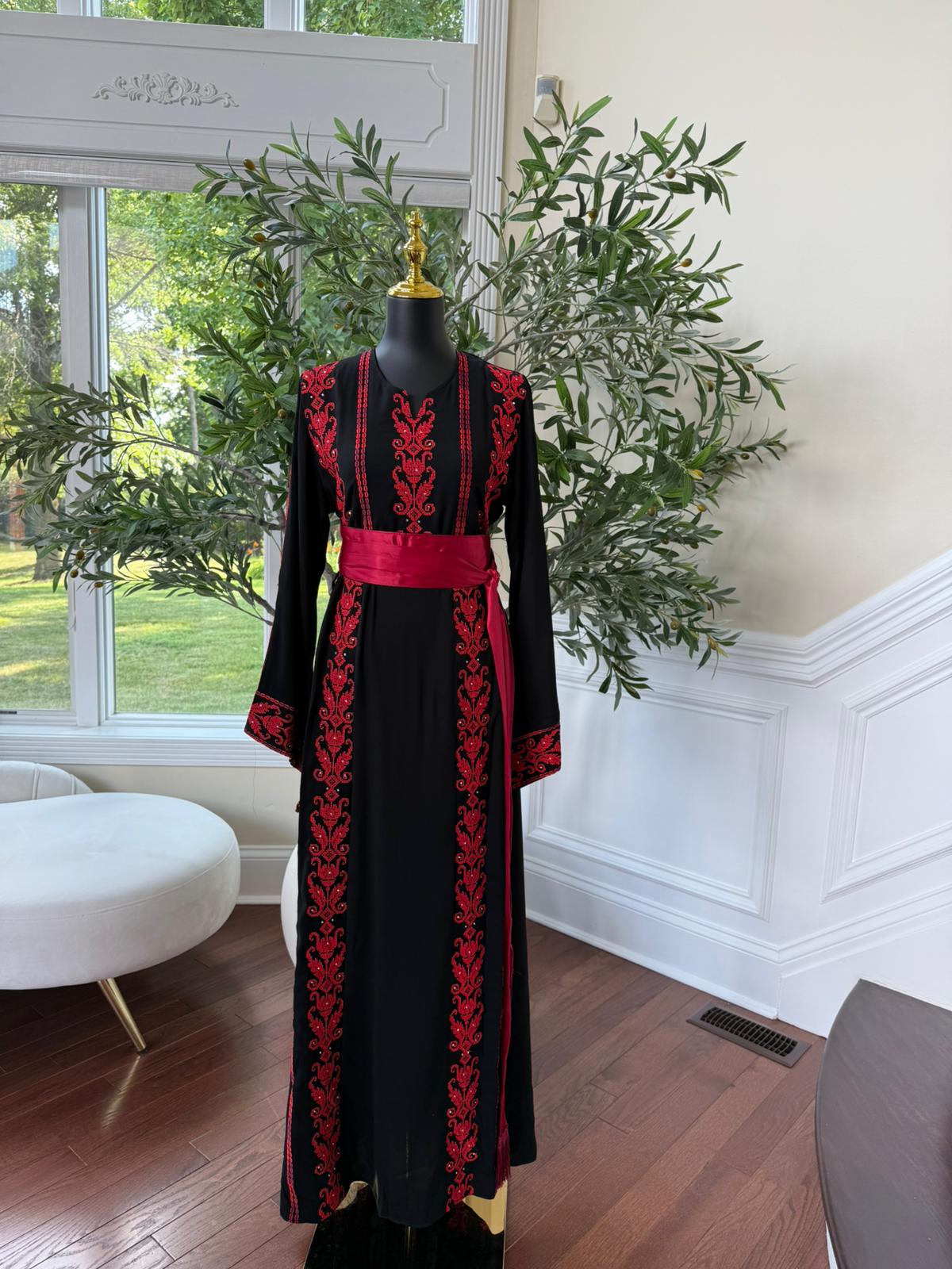 Red Embroidery Black Tatreez Thobe