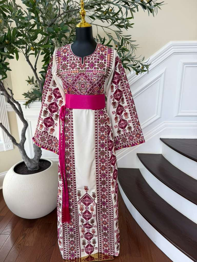 White Embroidery Tatreez Pink Thobe