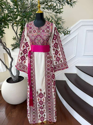 White Embroidery Tatreez Pink Thobe