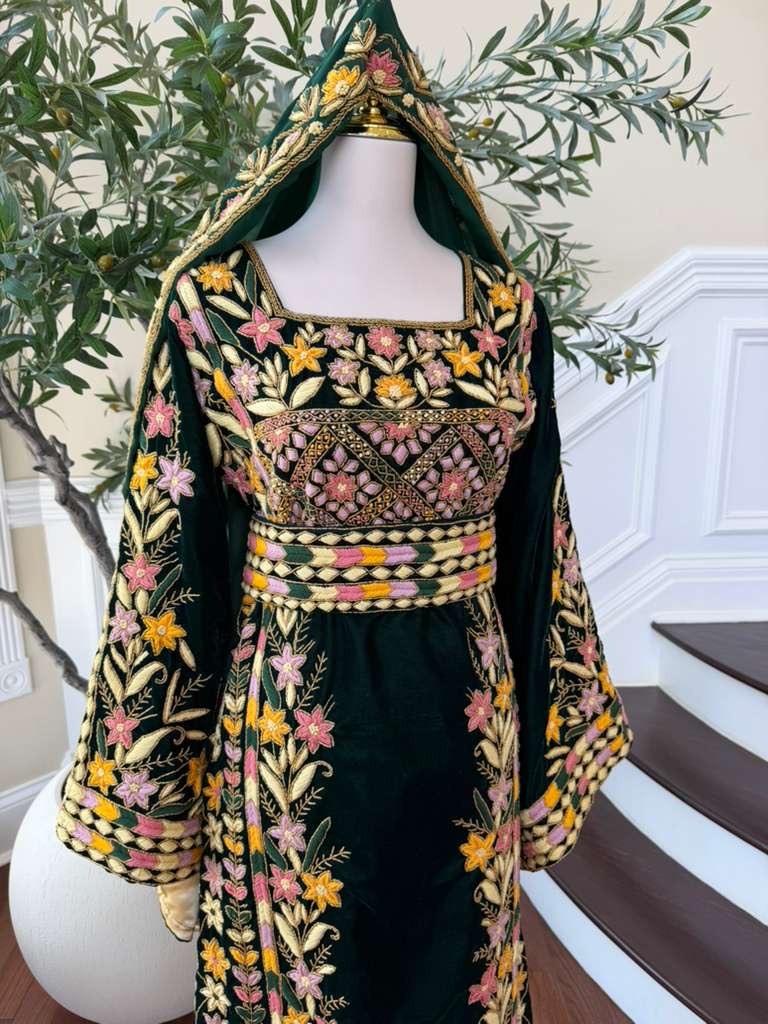 Velvet Green Embroidery Stone Beaded Thobe