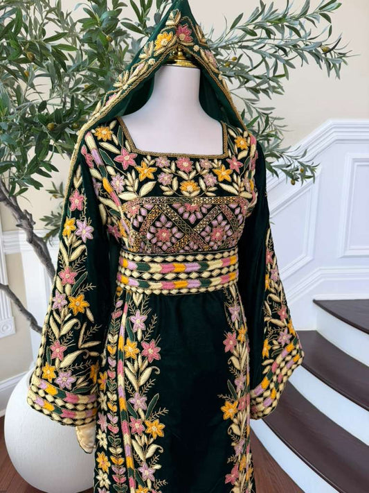 Velvet Green Embroidery Stone Beaded Thobe