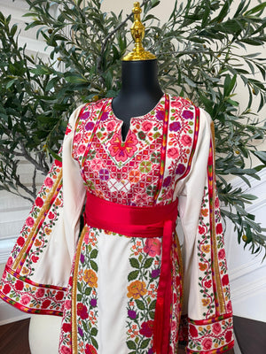 White Floral Embroidery Tatreez Thobe