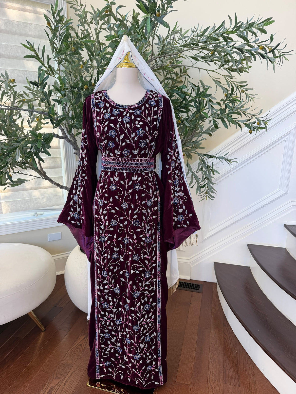 Elegant Burgundy Velvet Thobe with Blue and Silver Floral Embroidery (scarf not included)