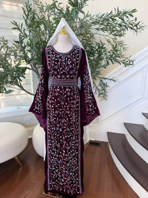 Elegant Burgundy Velvet Thobe with Blue and Silver Floral Embroidery (scarf not included)