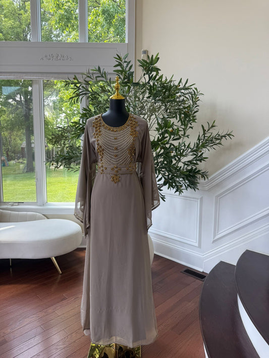 Taupe Beaded Kuftan Maxi Dress