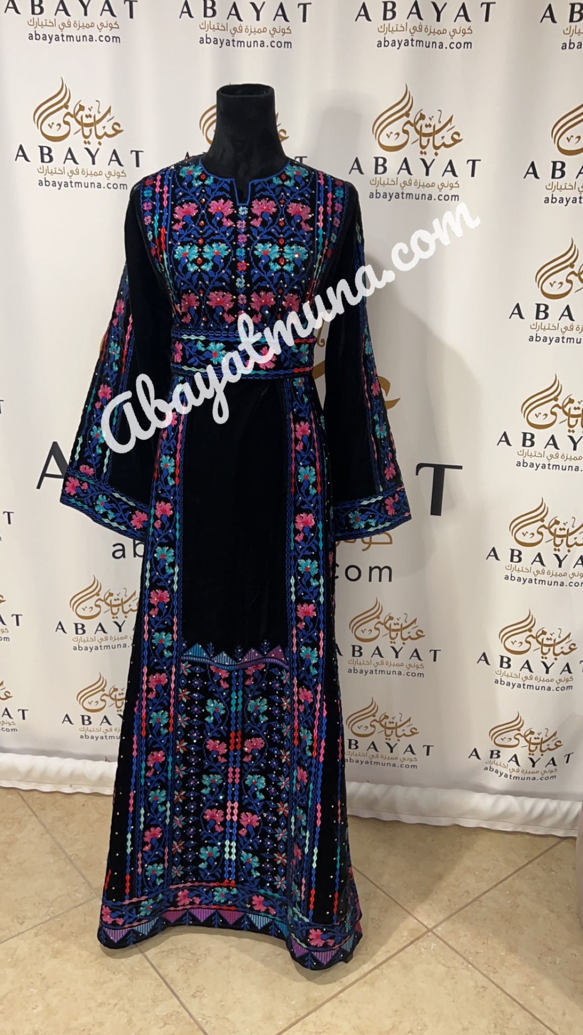 Black and Blue Embroidered Traditional Palestinian Thobe #9198729