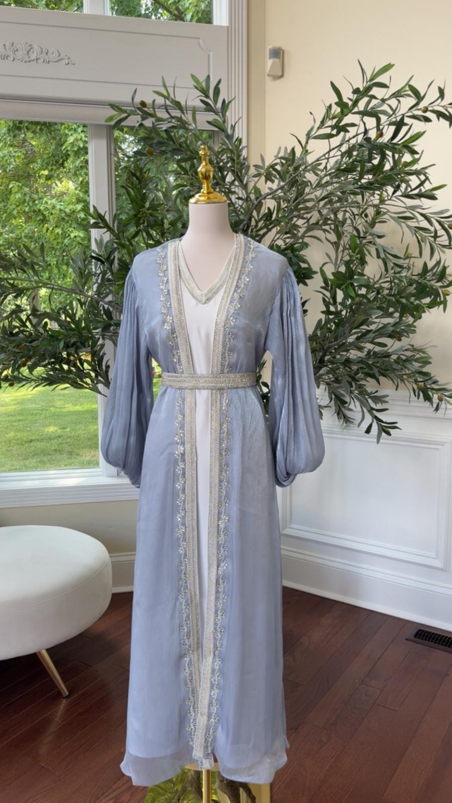 Baby Blue Kuftan with Delicate Silver Beading