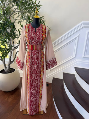 Beige Red Tatreez Elegance Thobe