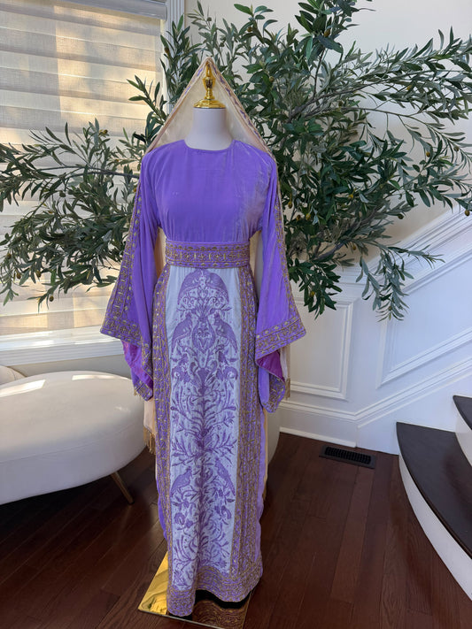 Elegant Lavender Velvet Palestinian Thobe with Gold Embroidery(scarf not included)