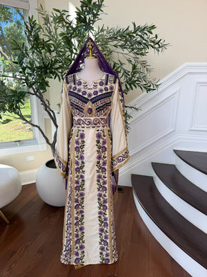 Cream makmal thobe with purple flowers (scarf not included)