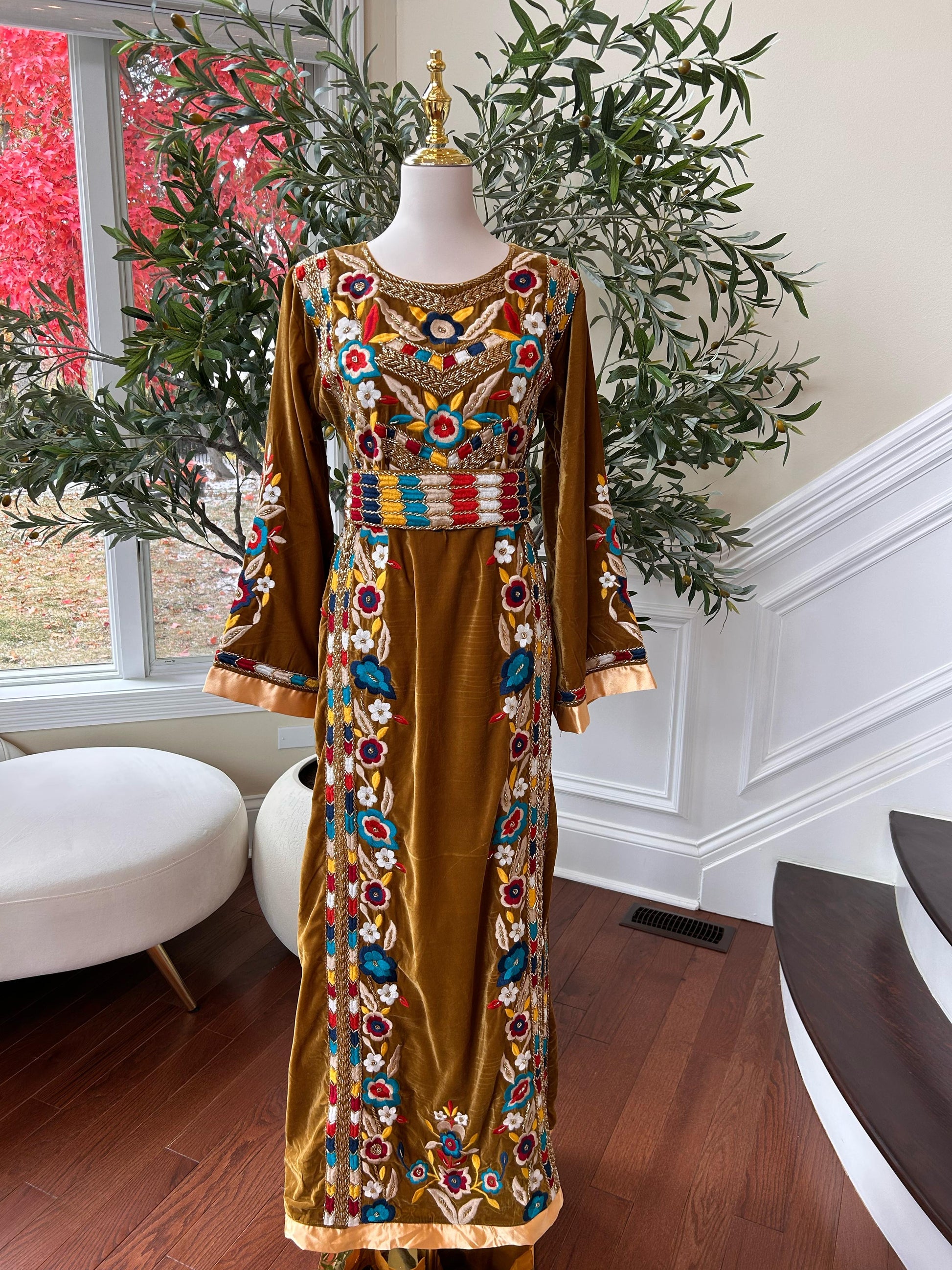 Golden Mustard Velvet Beaded Stone Thobe