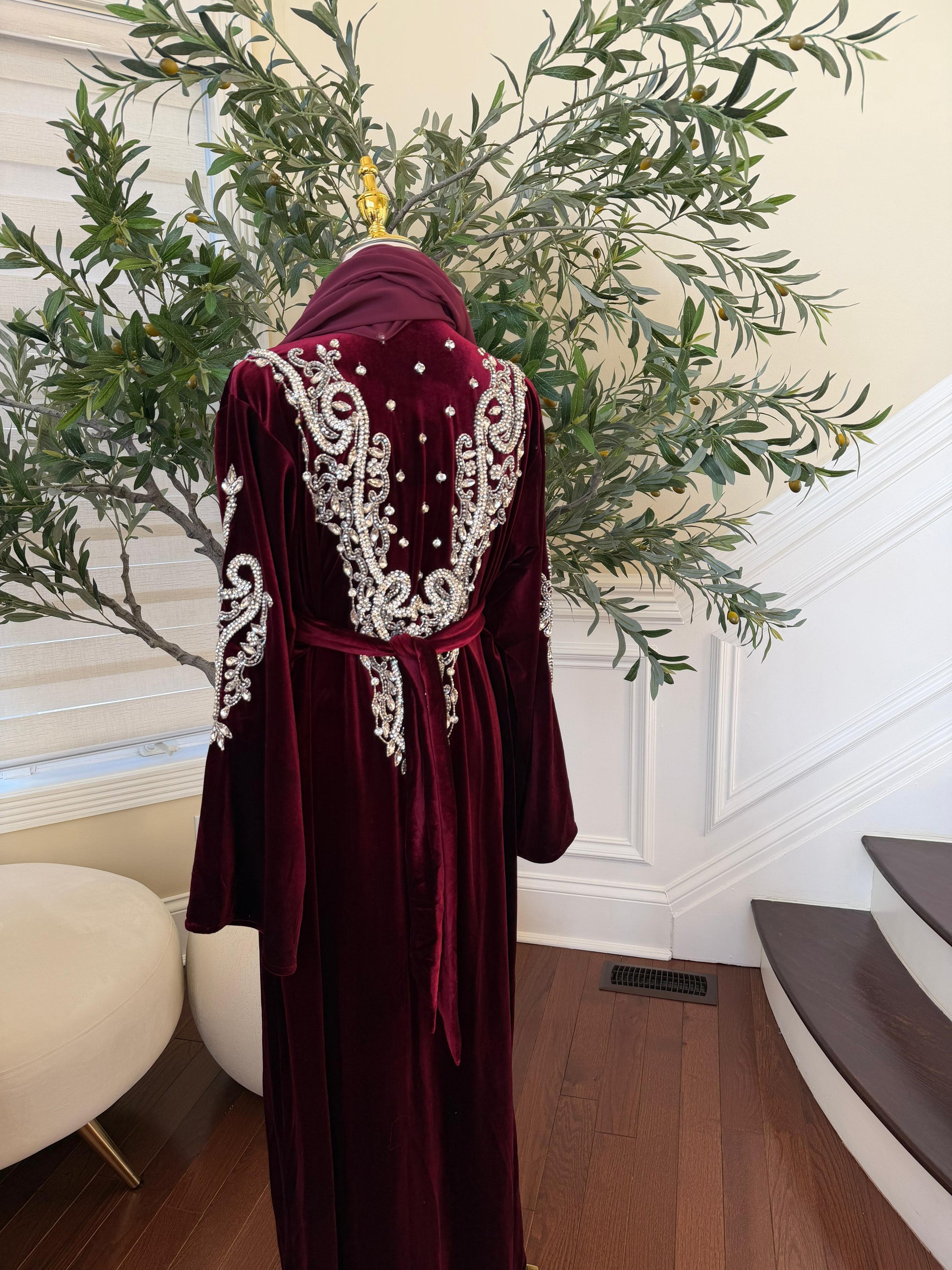 Red Velvet Beaded Stone Charm Abaya