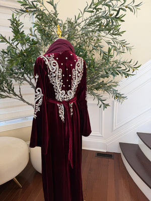 Red Velvet Beaded Stone Charm Abaya