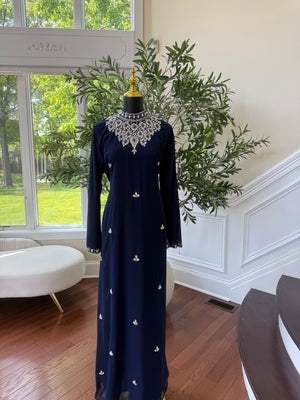 Navy High Neck Crystal Embellished Maxi Dress