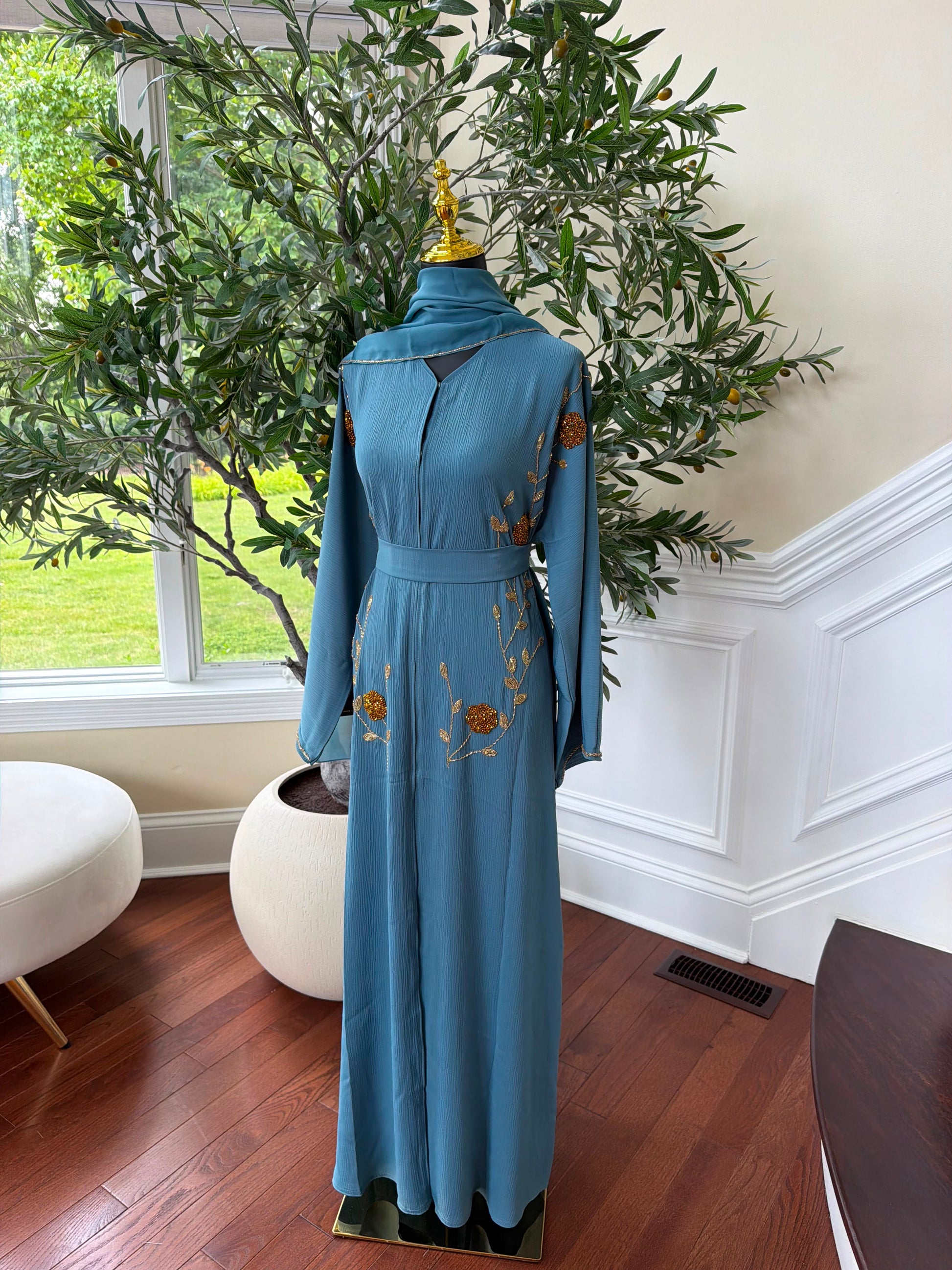 Deep Sky Golden Floral Abaya