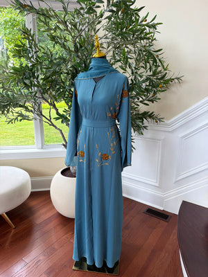 Deep Sky Golden Floral Abaya