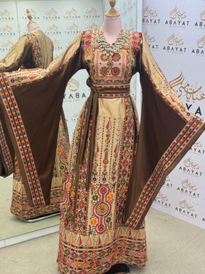 Premium Palestinian Embroidered Malakah Thobe – Golden Brown