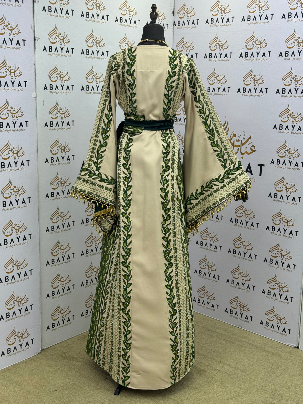 Olive Palestinian Tatreez Kaftan – Emerald Green & Ivory