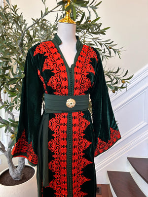 Green Velvet Embellished Red Kuftan