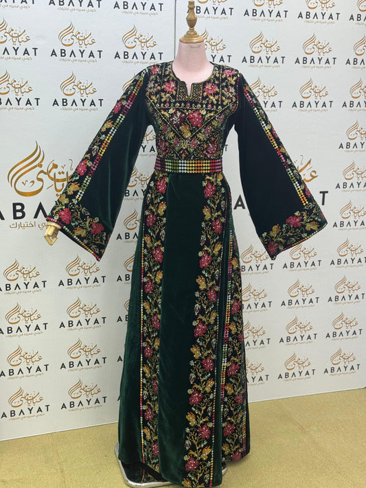 Luxury Emerald Green Velvet Thobe – Floral Embroidery