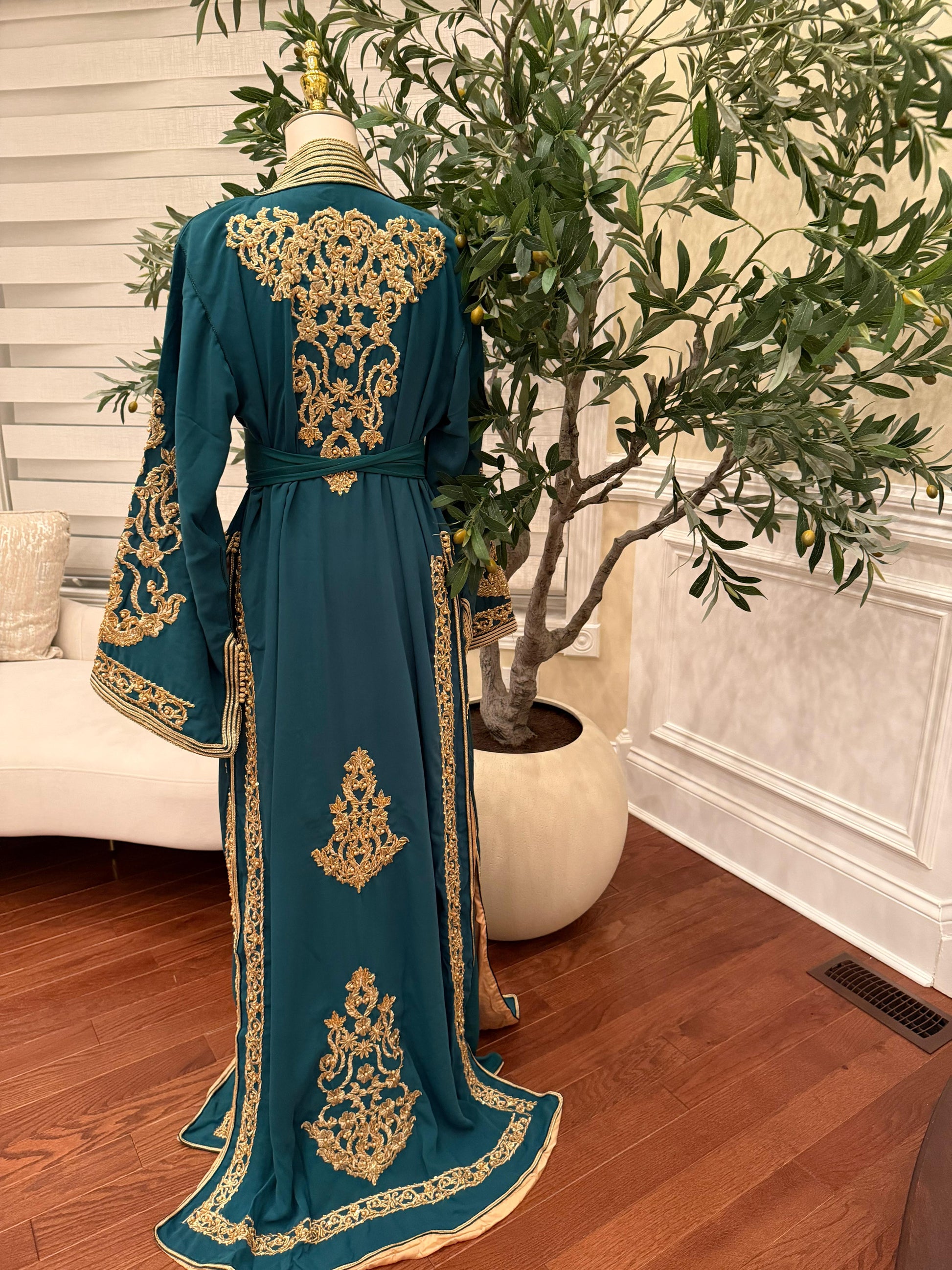 Deep Teal Kaftan Featuring Intricate Gold Detailing