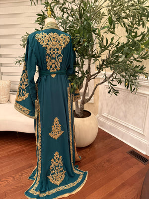 Deep Teal Kaftan Featuring Intricate Gold Detailing