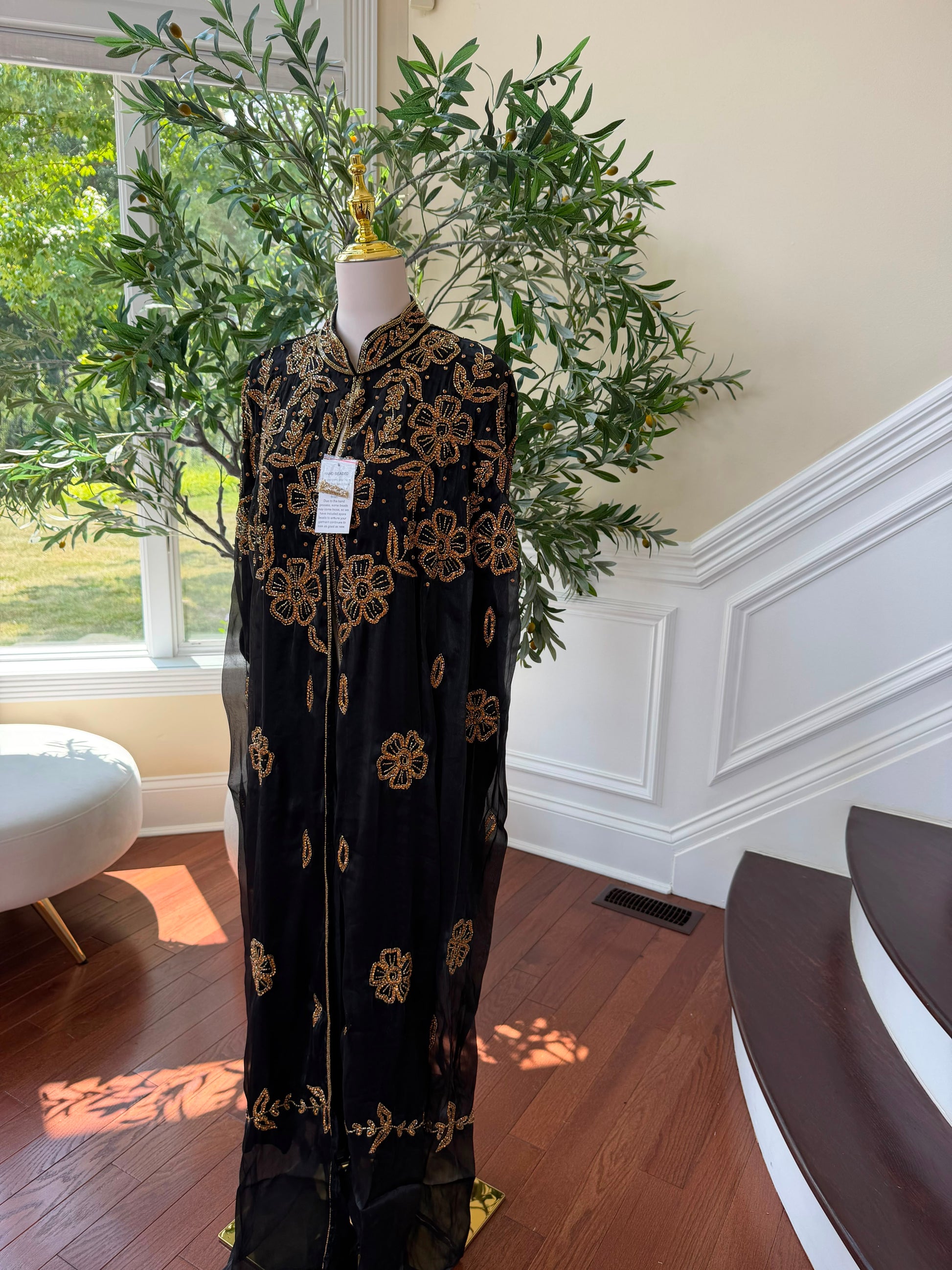 Golden Floral Black Cardigan Abaya