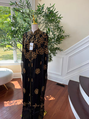 Golden Floral Black Cardigan Abaya