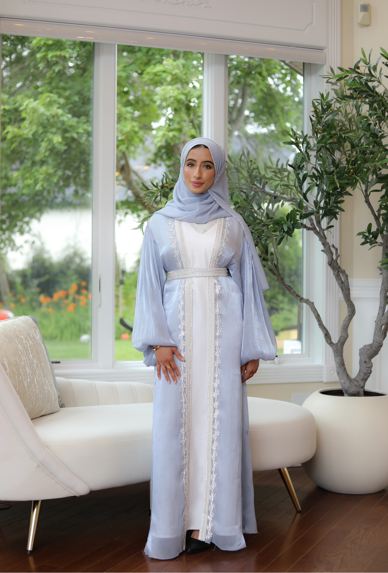 Baby Blue Kuftan with Delicate Silver Beading