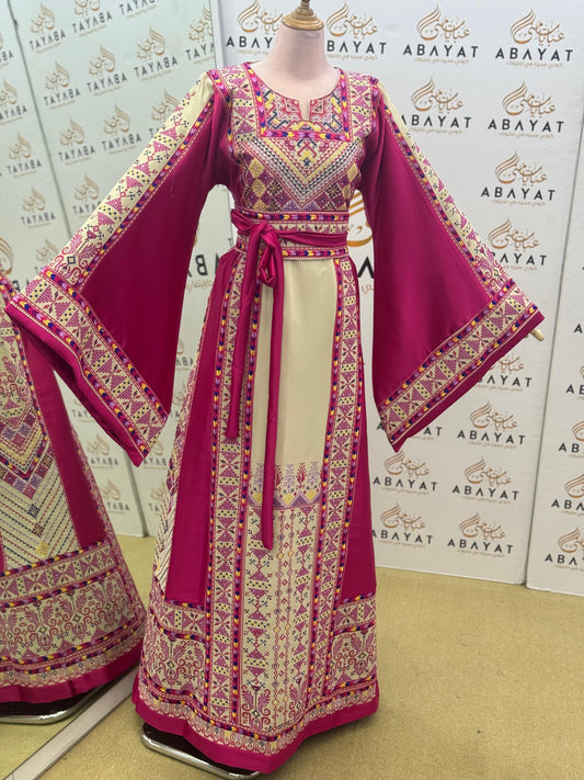 Palestinian Heritage Embroidered Thobe – Magenta & Ivory