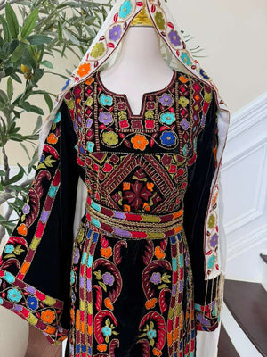 Luxury Bridal Palestinian Thobe with Embroidery Tatreez, Hand Beading & Detachable Overskirt on Rich Velvet Fabric