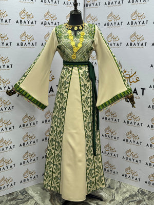 Ivory & Olive Green Palestinian Embroidered Thobe