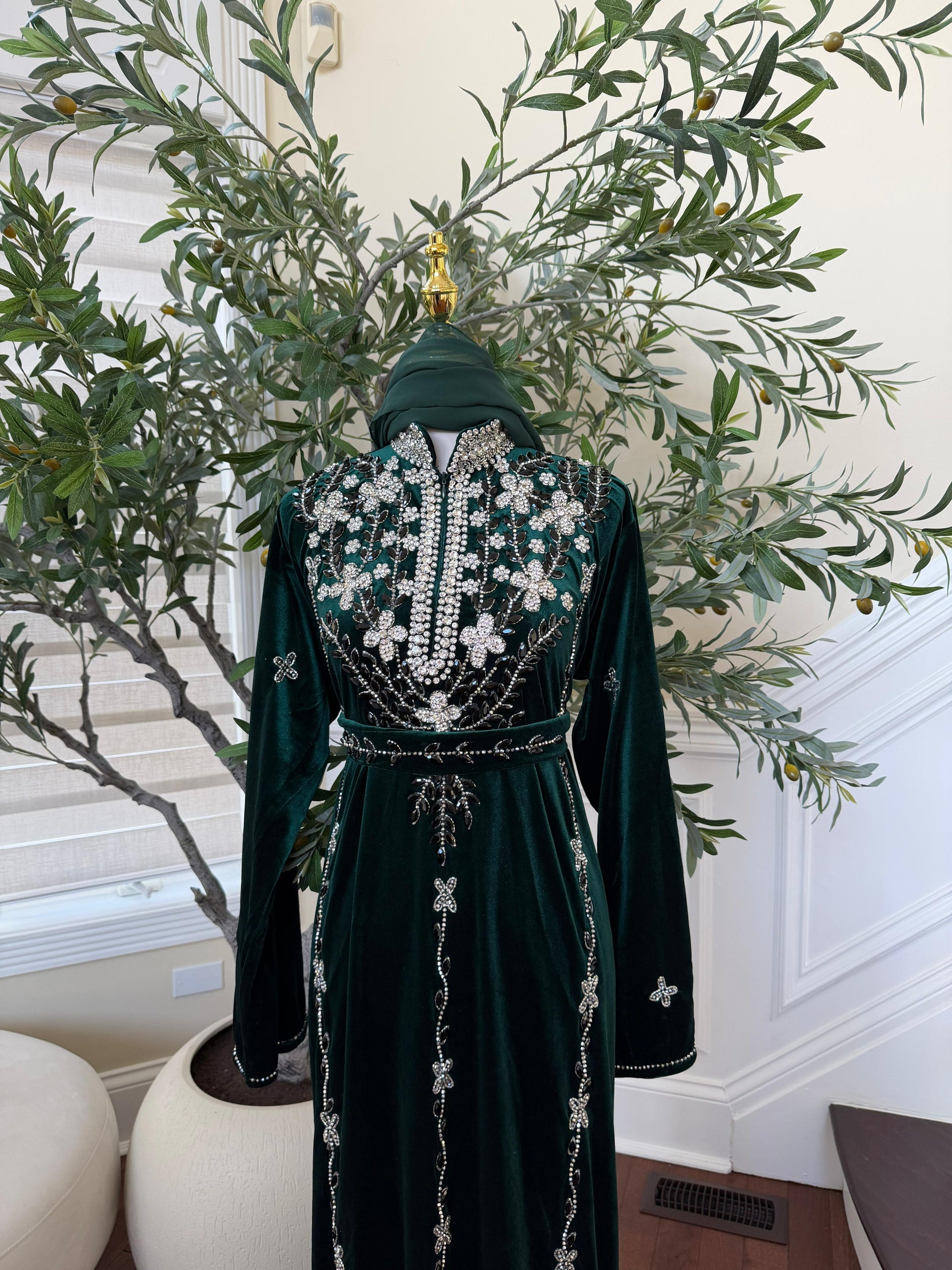 Green Velvet Crystal Elegance Beaded Abaya