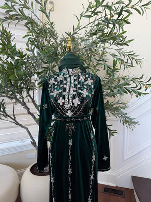 Green Velvet Crystal Elegance Beaded Abaya