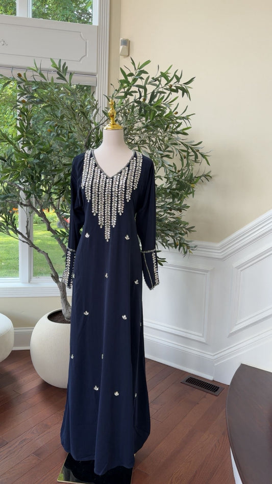 Royal Navy Kaftan – Silver Sequin Neckline & Sleeve Detail