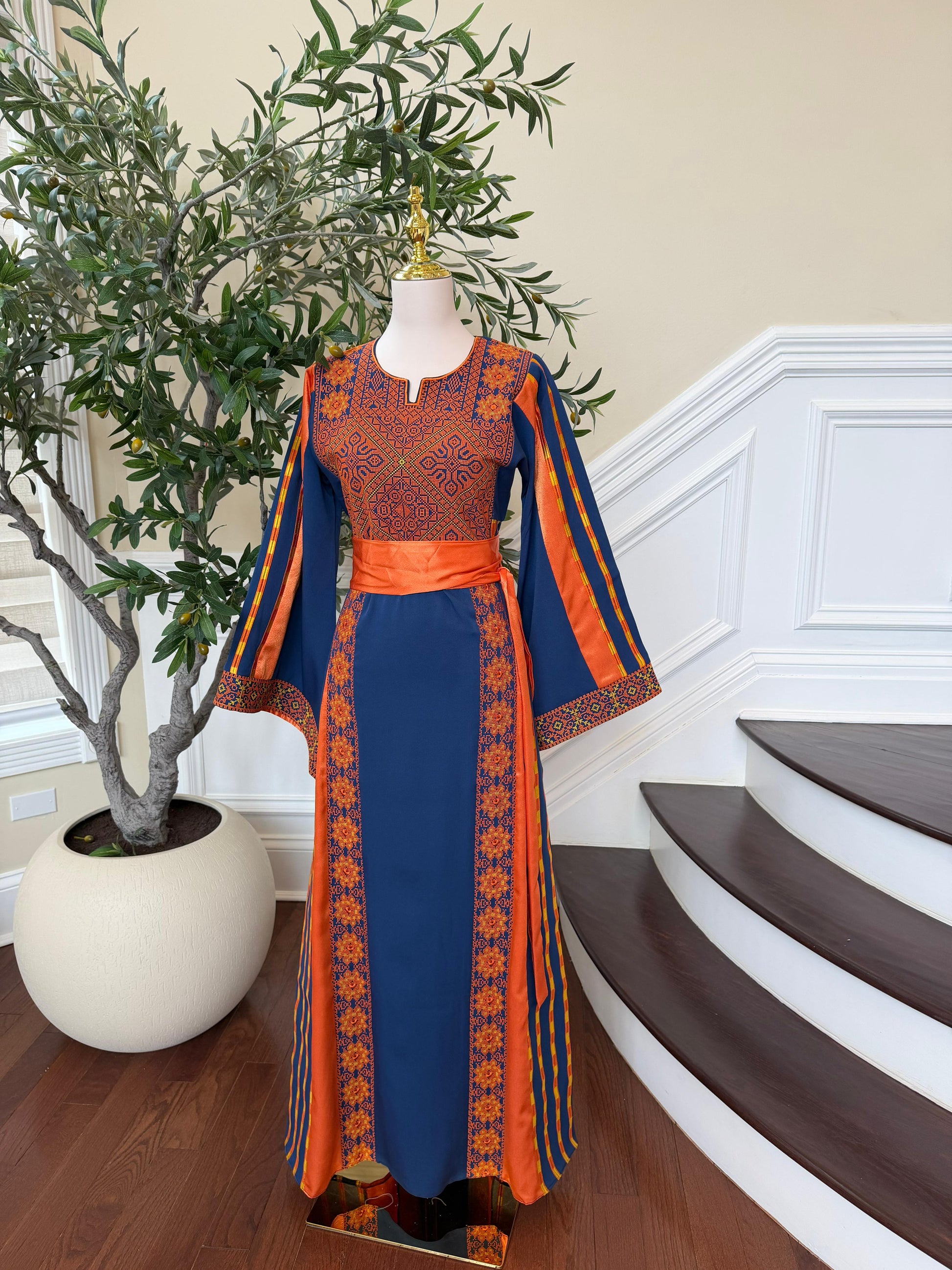 Navy Blue Embroidery Tatreez Orange Thobe