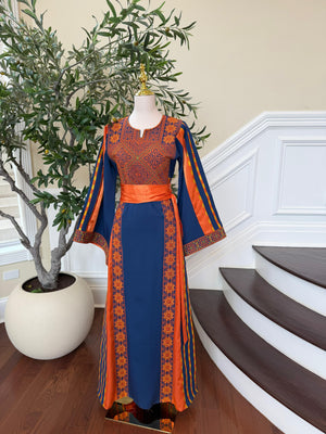 Navy Blue Embroidery Tatreez Orange Thobe