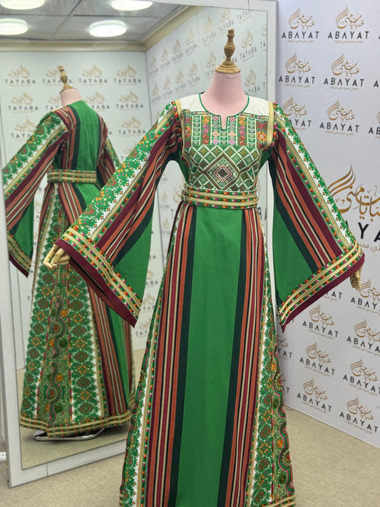 Palestinian Thobe – Green with Multicolor Embroidery & Stripes A09082025