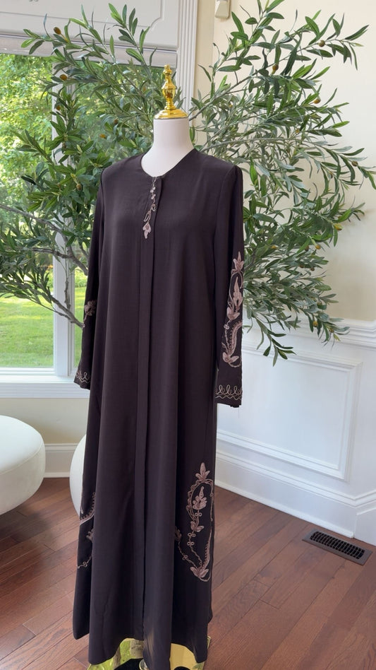 Espresso Brown Embroidered Abaya – Rose Vine Detail