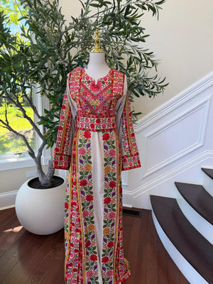 Beige Embroidery Embellished Tatreez Floral Sabal Kharaz Thobe