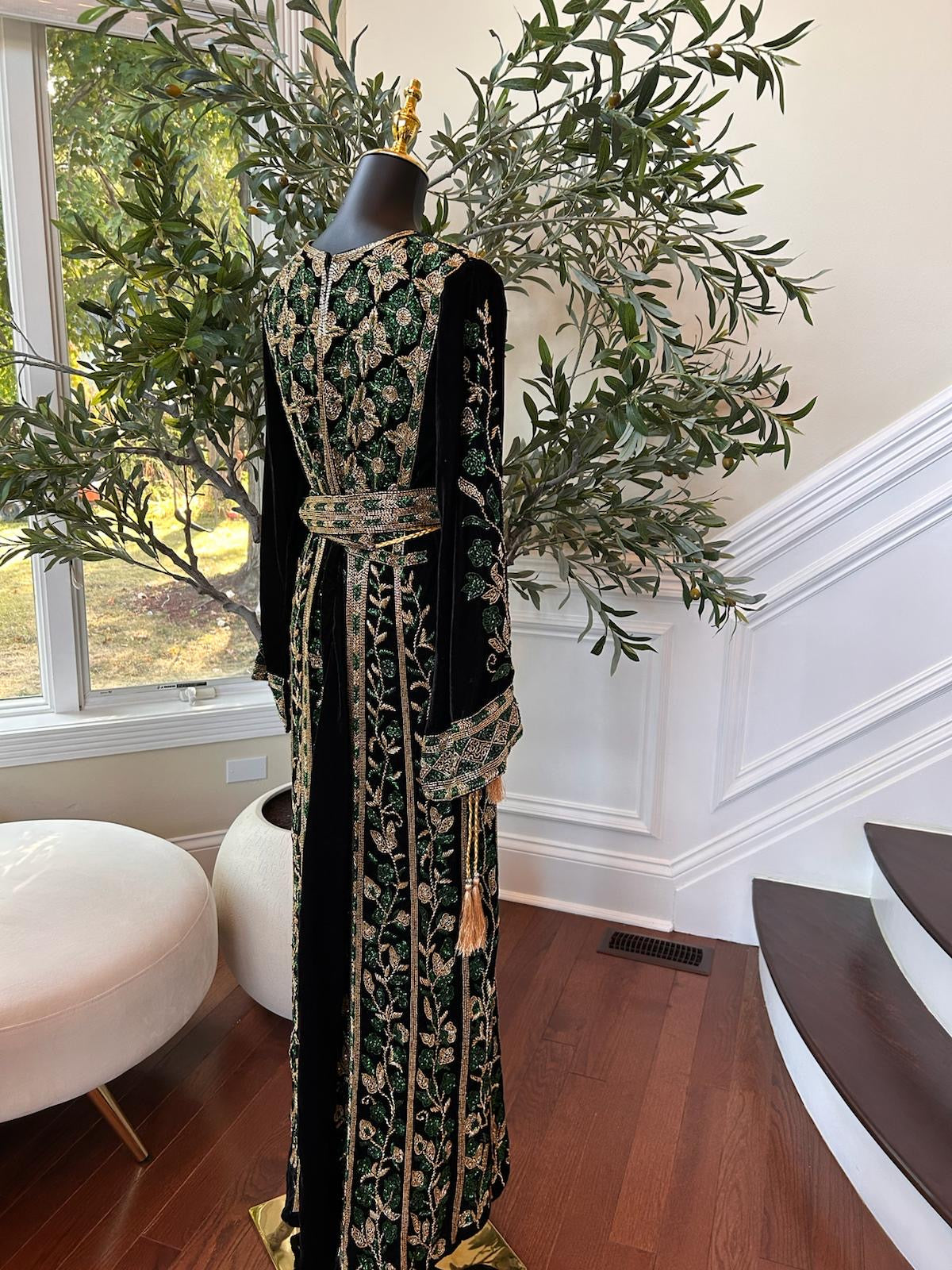 Black Velvet Golden Green Stone Thobe