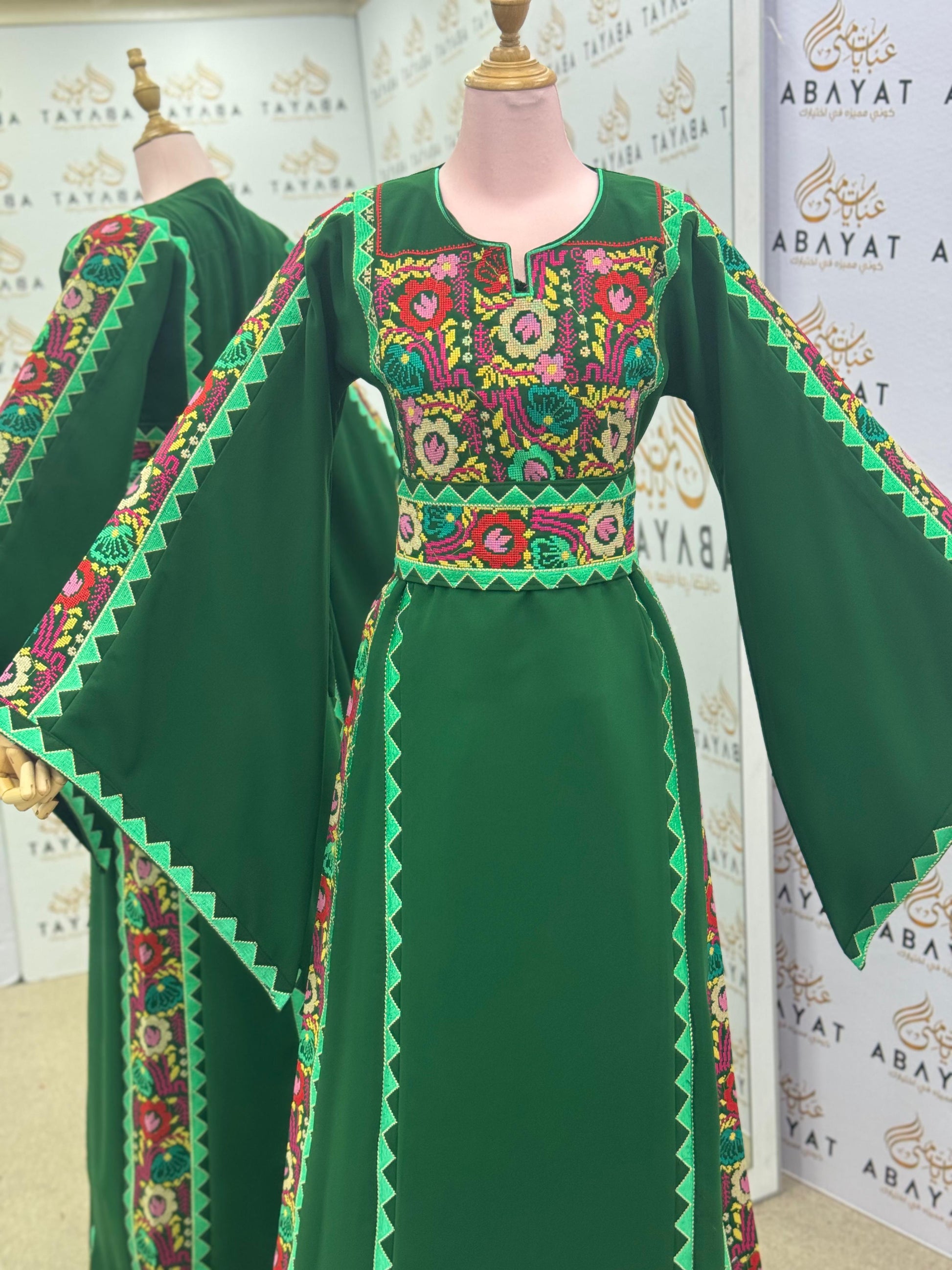 Deep Green Palestinian Thobe – Embroidered Tatreez Maxi Dress
