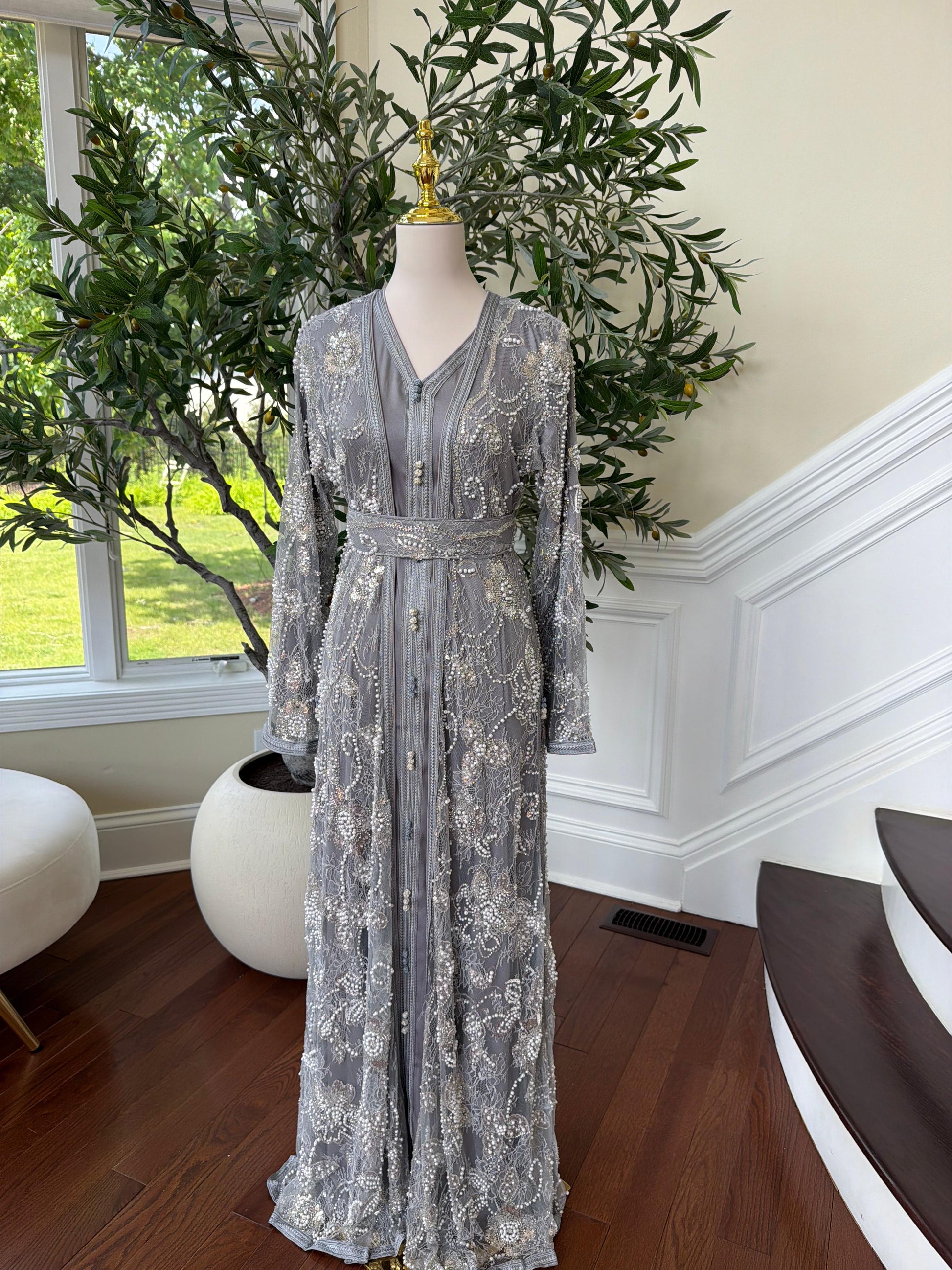 Grey Two Piece Beaded Kuftan