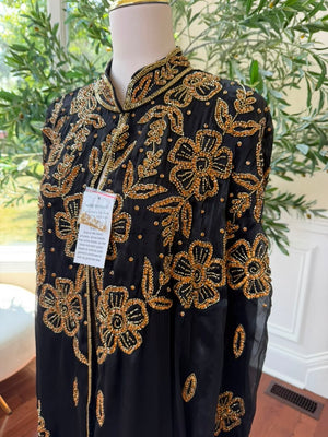 Golden Floral Black Cardigan Abaya