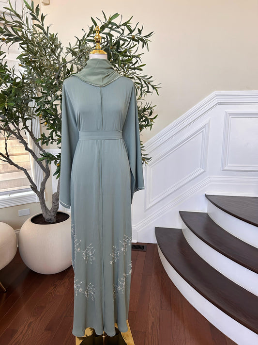 Mint Green Crystal Beaded Abaya
