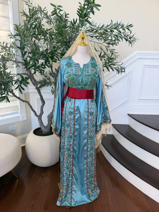 Elegant Sky Blue Satin Thobe with Intricate Green and Pink Floral Embroidery, Burgundy Belt(scarf not included)