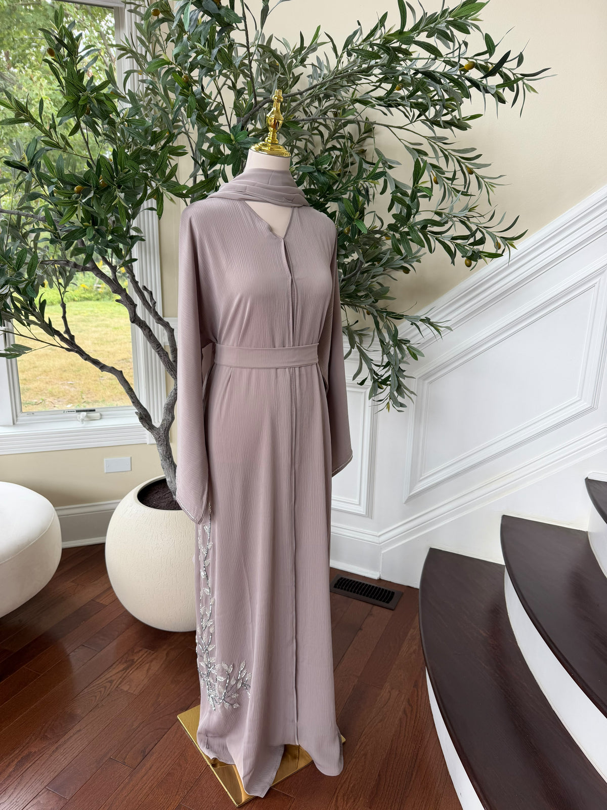 Tan Beaded Elegance Floral Abaya